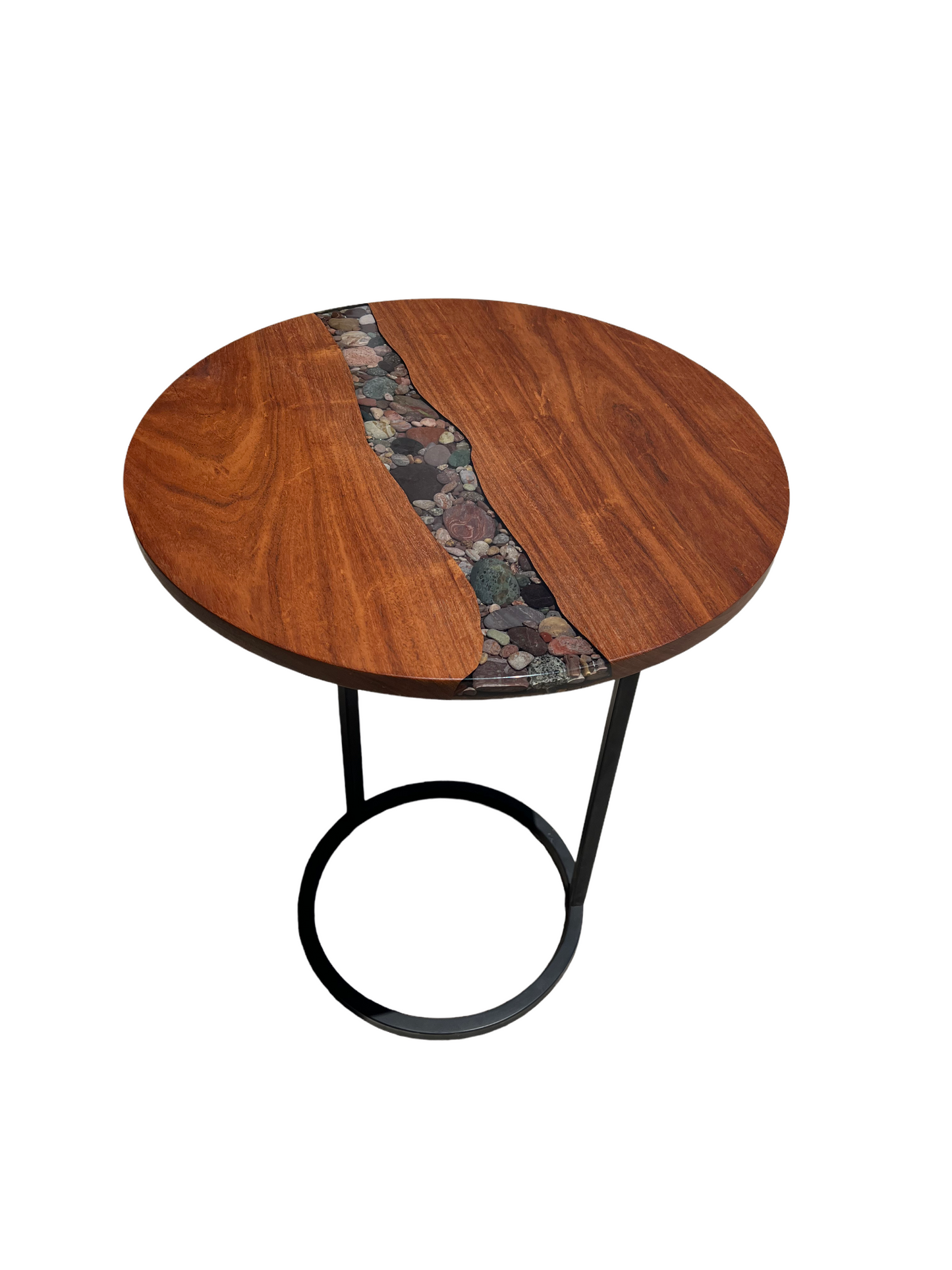 Round end table with river rock inlay