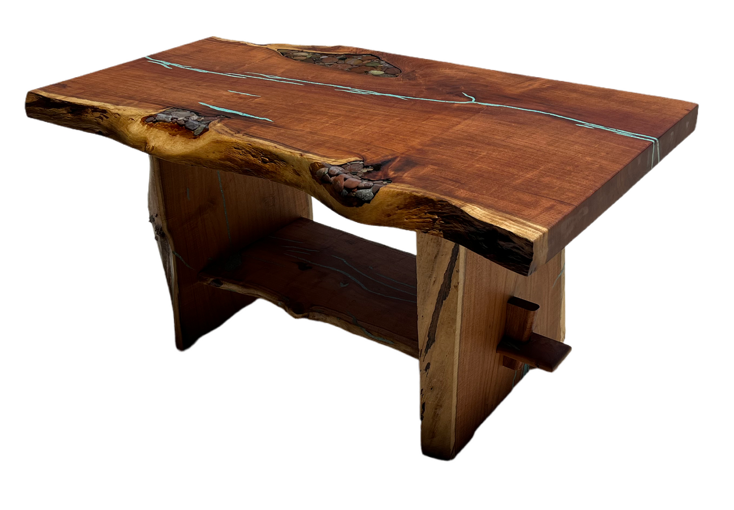 Natural Edge coffee table with inlay (combo river rock and turquoise)