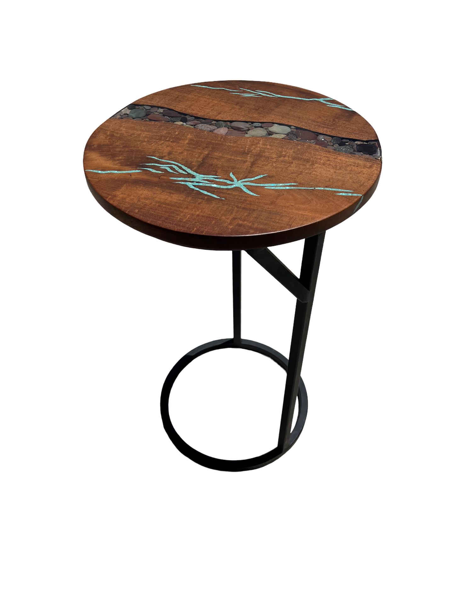 Round table with turquoise and river rock inlay