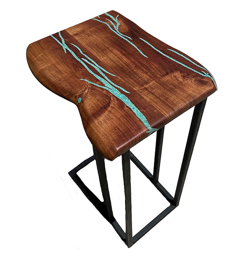 Natural Edge end table, C-Shaped metal legs, with turquoise inlay