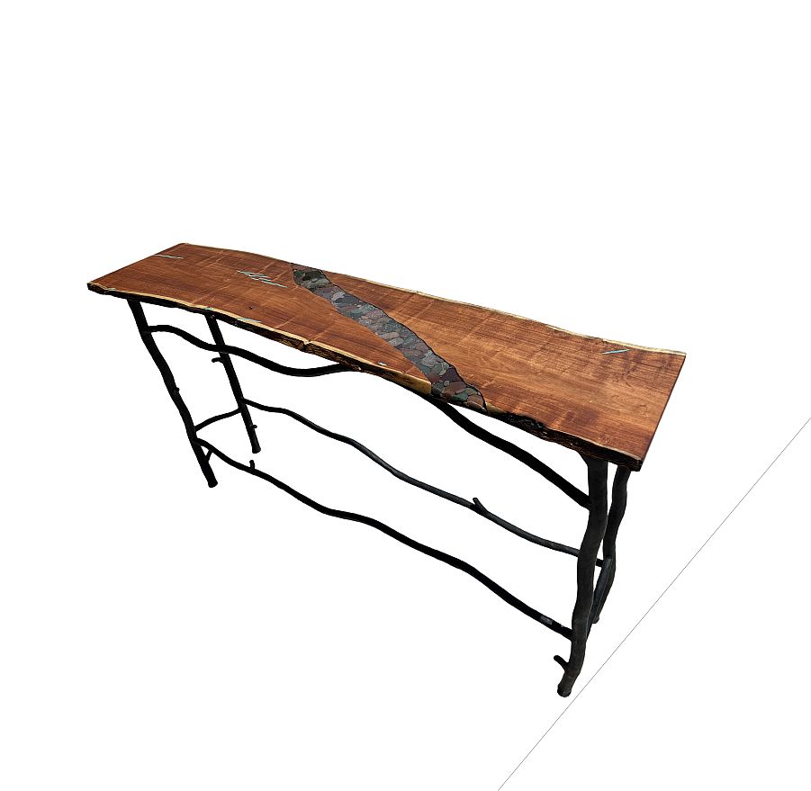Natural edge sofa table with river rock inlay and metal twig base