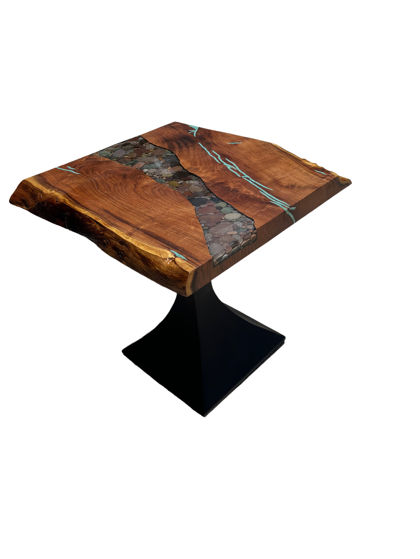 Natural Edge End Table with metal foot, turquoise and river rock inlay