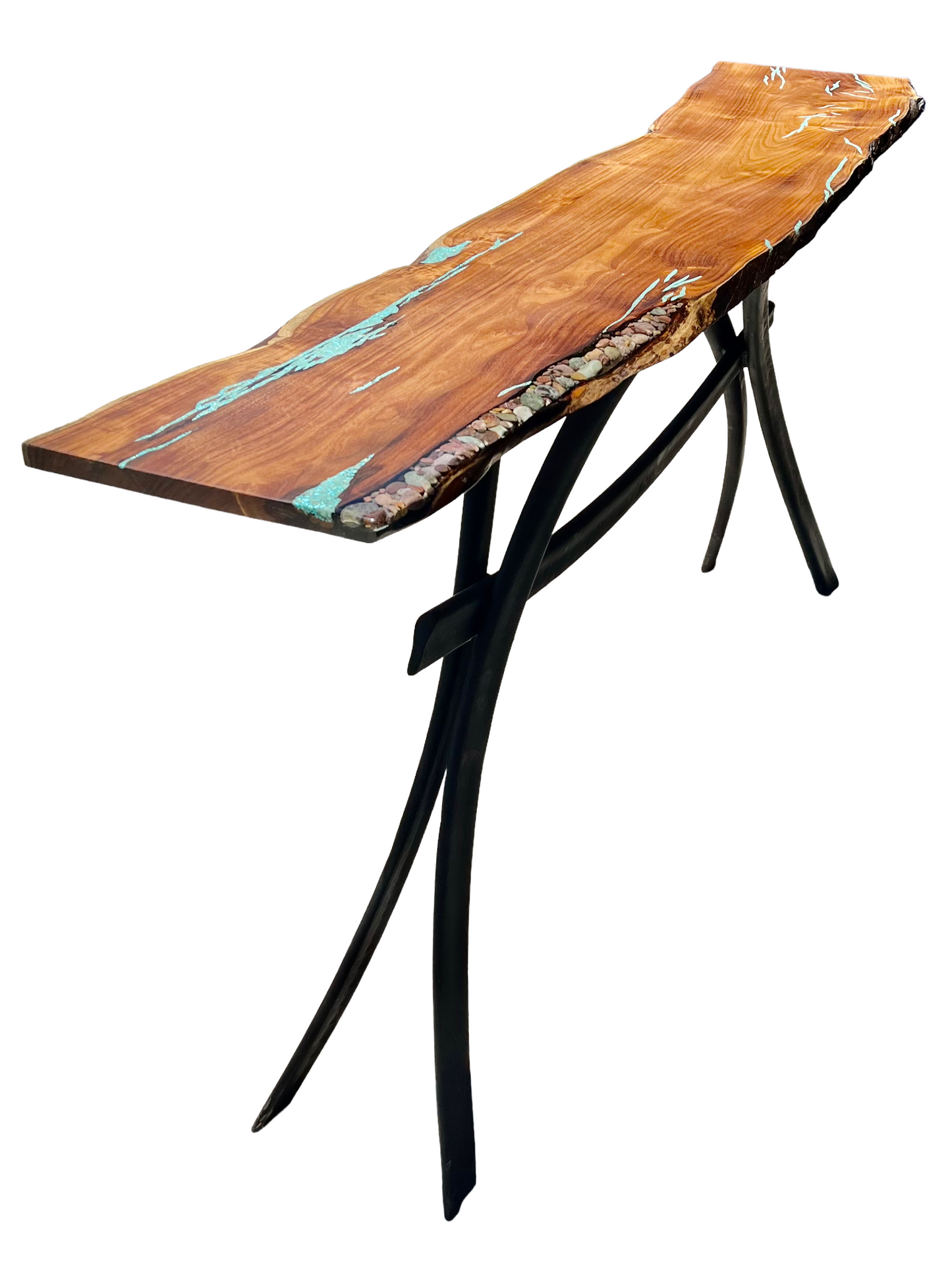 Natural Edge Sofa Table with River Rock and Turquoise Combination Inlay